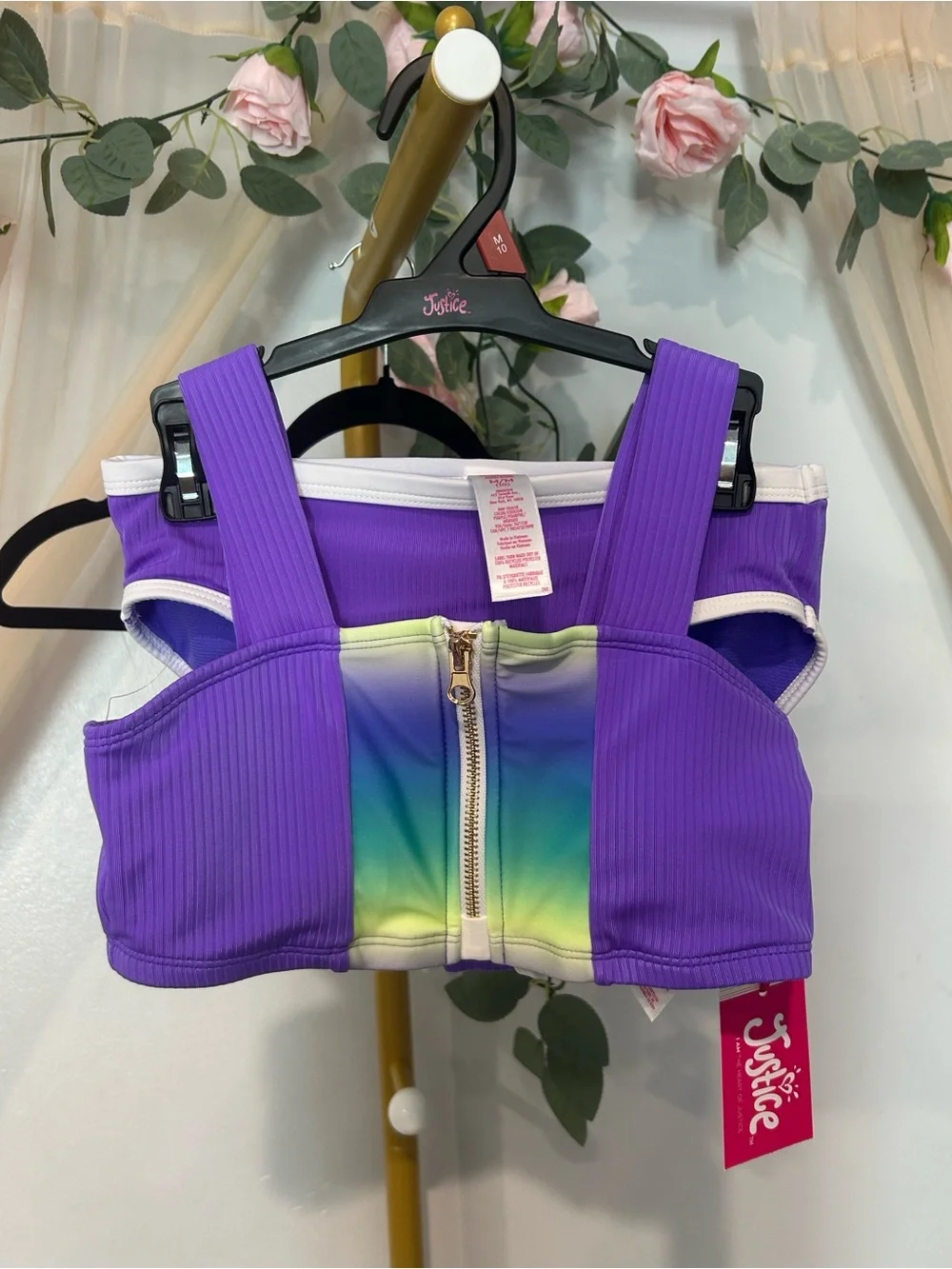 Justice Girls Size 10 Purple Ribbed Colorblock 2 Piece Bikini Swimsuit NWT